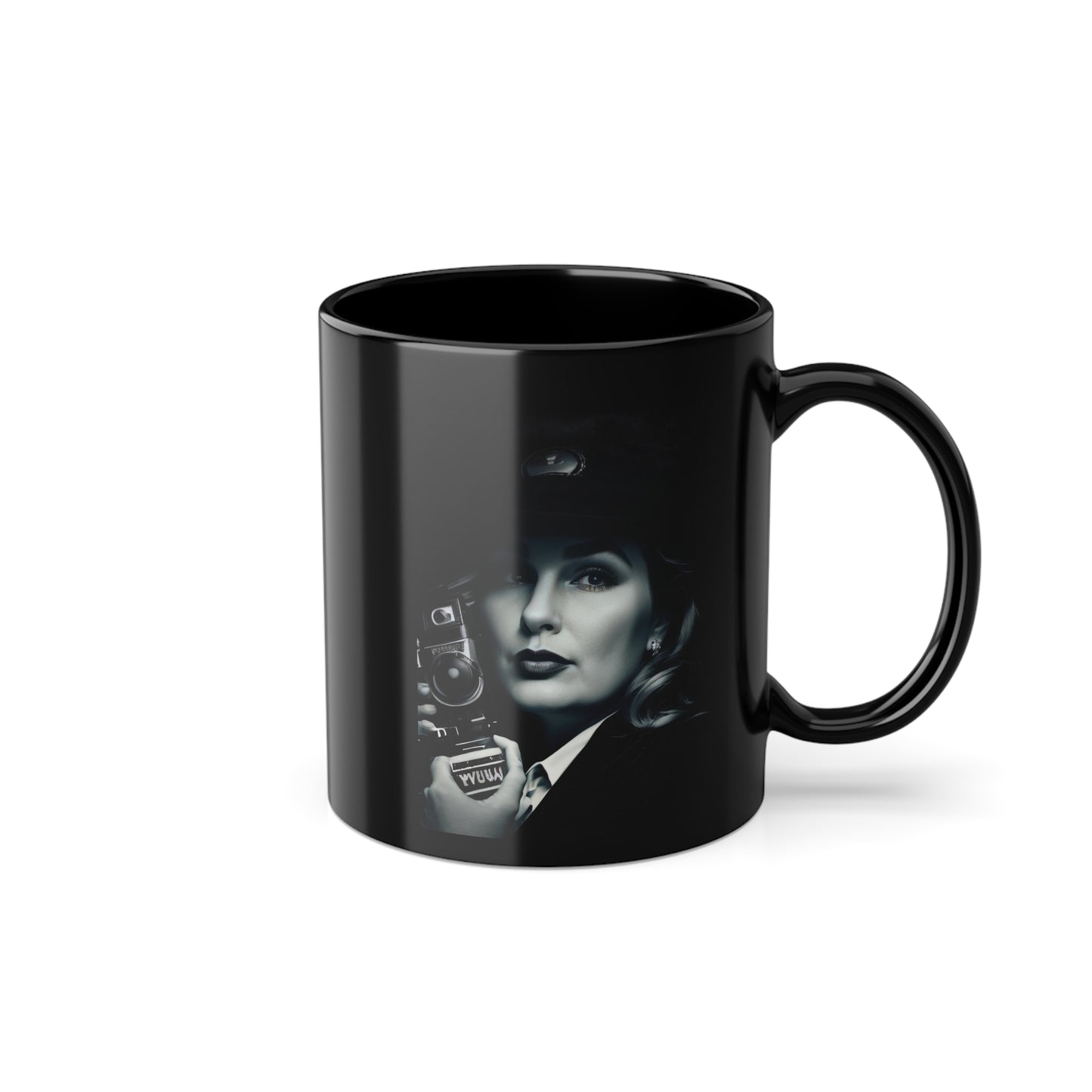 Vintage BW Camera Woman - Black Coffee Cup, 11oz