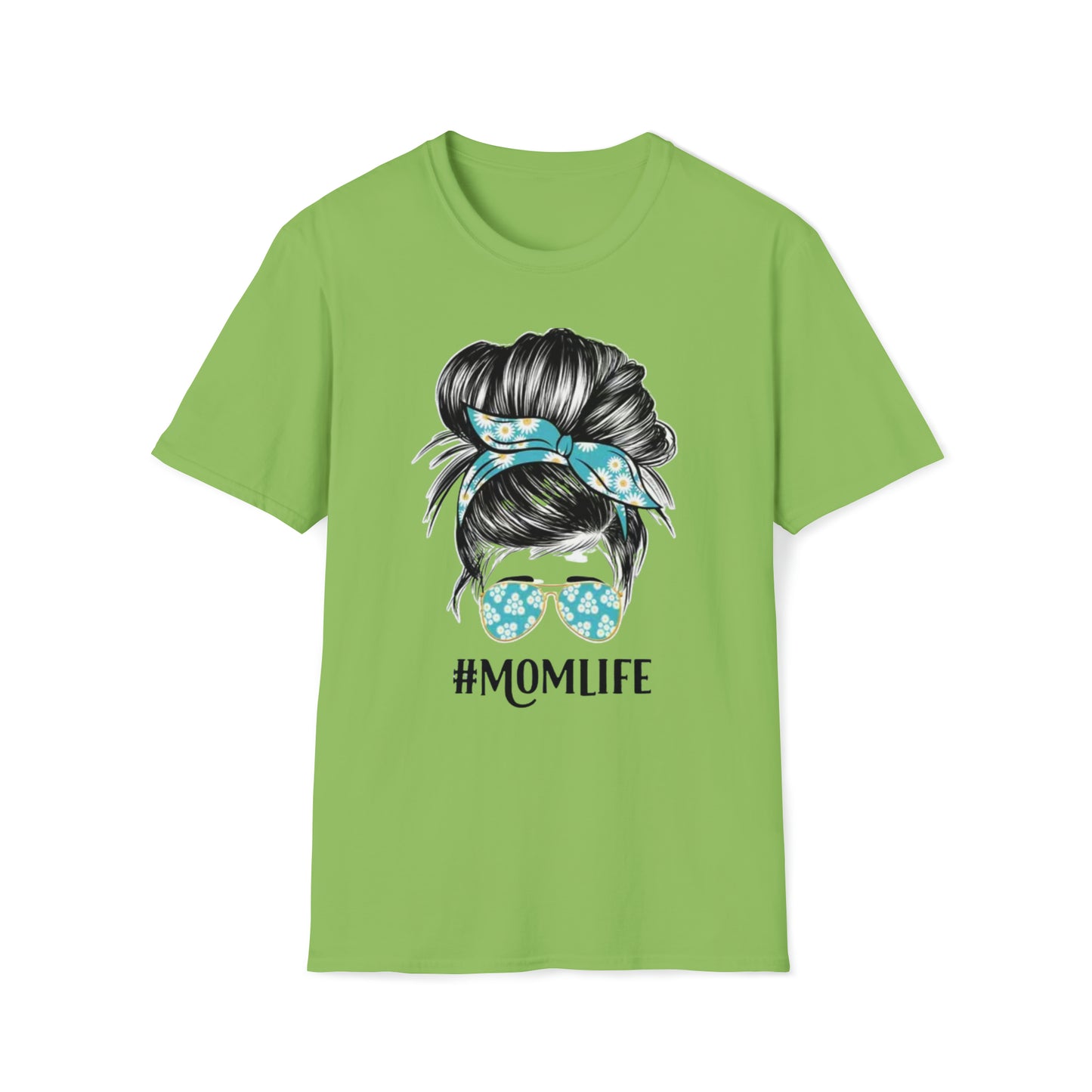 "#MOMLIFE" - mom bun with sunglasses - DESIGN ON FRONT - Unisex Softstyle T-Shirt