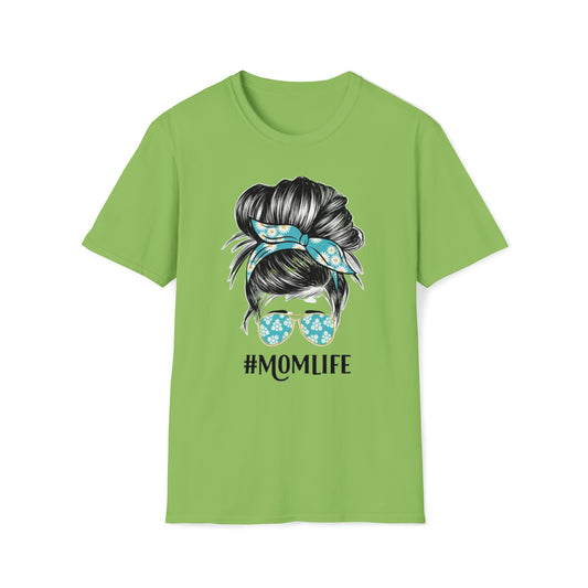 "#MOMLIFE" - mom bun with sunglasses - DESIGN ON FRONT - Unisex Softstyle T-Shirt