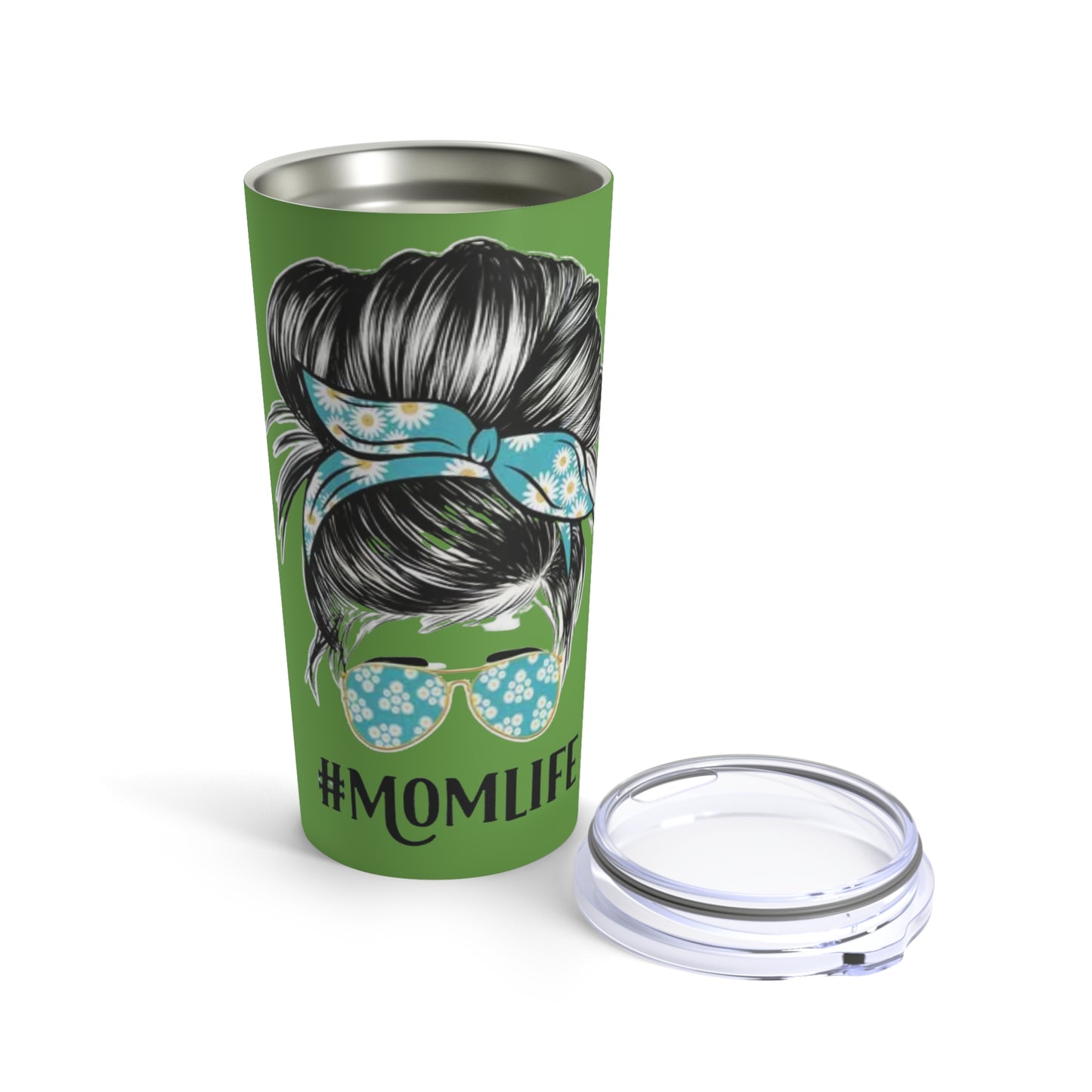 "#MOMLIFE” - Mom with Bun and Sunglasses -  Green Tumbler 20oz