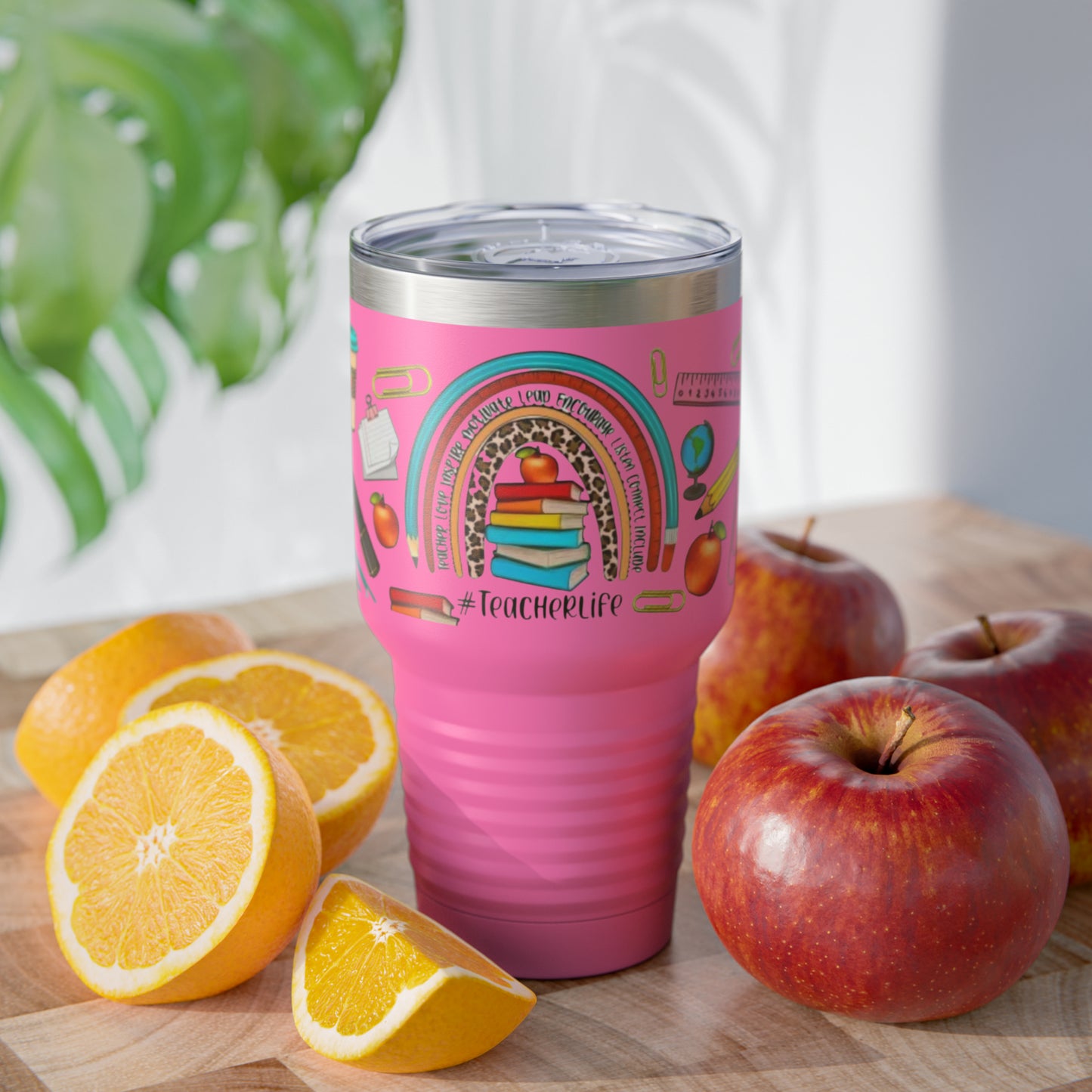 “Teacher Life”  MULTI PRINT RAINBOW SPLASH - 17 COLORS - Ringneck Tumbler, 30oz