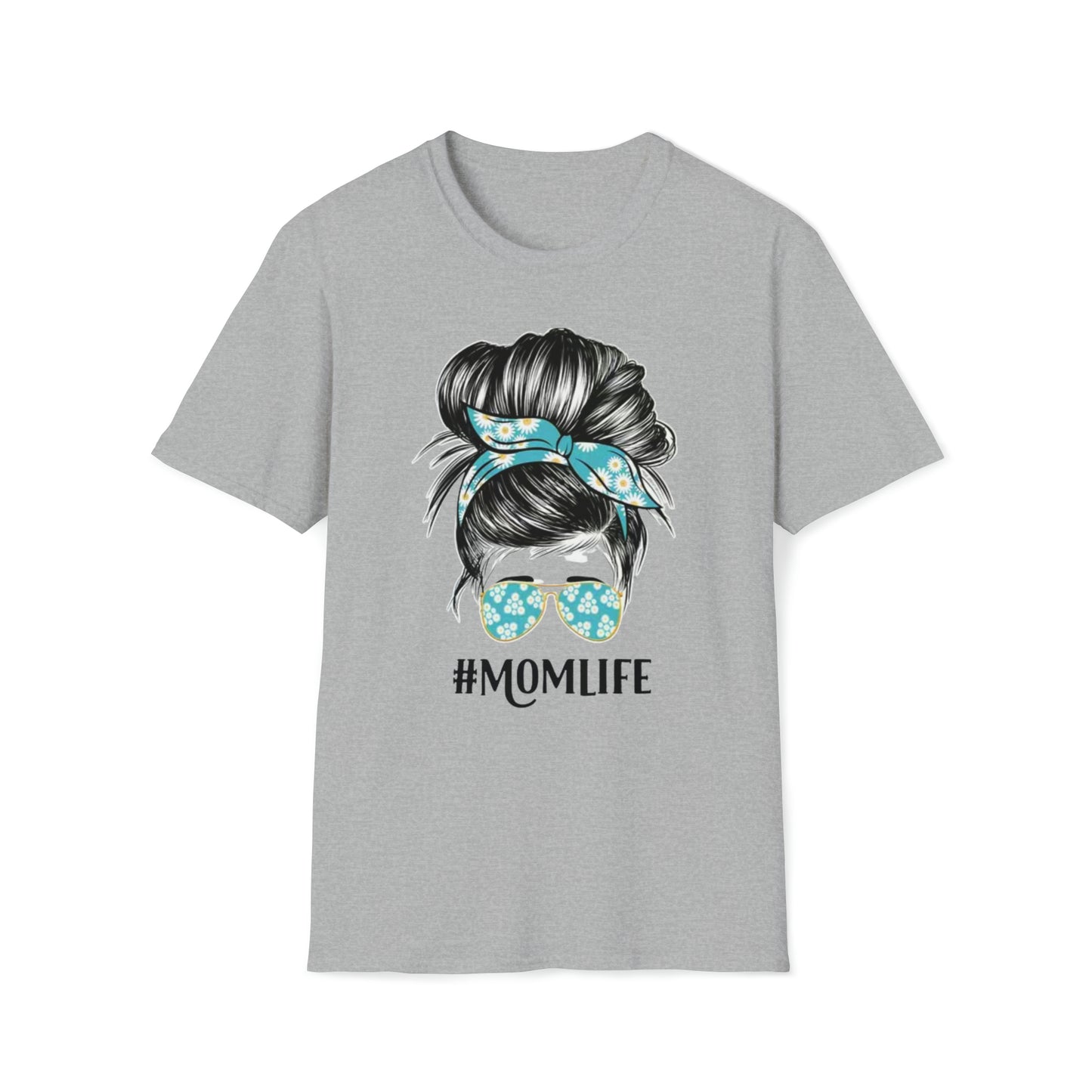 "#MOMLIFE" - mom bun with sunglasses - DESIGN ON FRONT - Unisex Softstyle T-Shirt